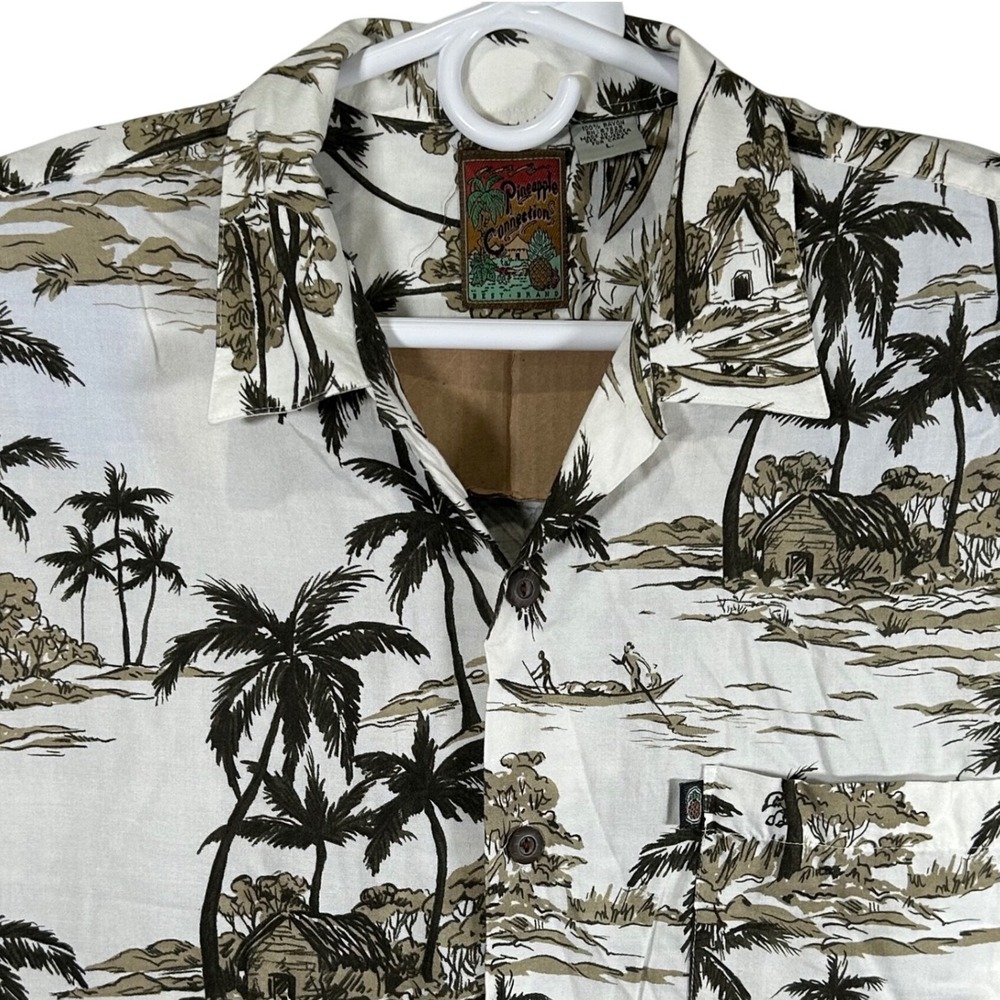 Pineapple Connection Mens Large Rayon Tropical Island Palm Tree Camp Shirt Cream
